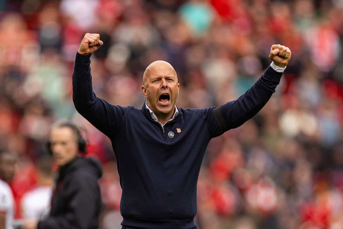 LIVERPOOL, ENGLAND - Sunday, April 13, 2025: Liverpool's head coach Arne Slot celebrates after the FA Premier League match between Liverpool FC and West Ham United FC at Anfield. (Photo by David Rawcliffe/Propaganda)