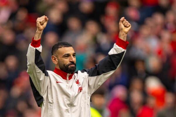 LIVERPOOL, ENGLAND - Sunday, April 13, 2025: Liverpool's Mohamed Salah celebrates after the FA Premier League match between Liverpool FC and West Ham United FC at Anfield. (Photo by David Rawcliffe/Propaganda)