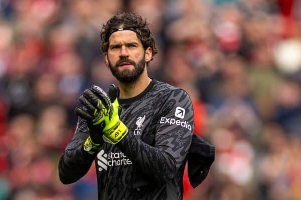 LIVERPOOL, ENGLAND - Sunday, April 13, 2025: Liverpool's goalkeeper Alisson Becker celebrates after the FA Premier League match between Liverpool FC and West Ham United FC at Anfield. Liverpool won 2-1. (Photo by David Rawcliffe/Propaganda)