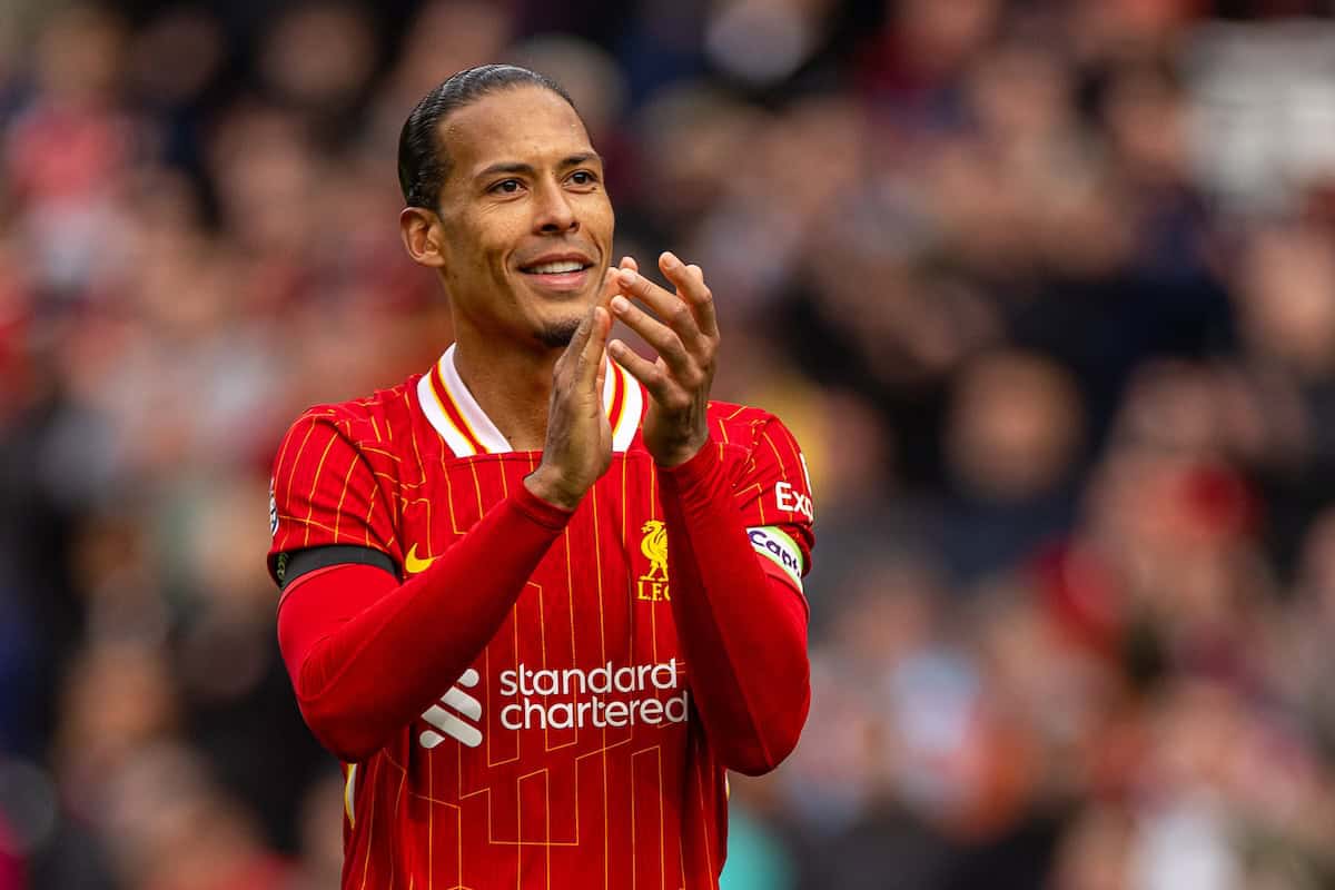 LIVERPOOL, ENGLAND - Sunday, April 13, 2025: Liverpool's captain Virgil van Dijk celebrates after the FA Premier League match between Liverpool FC and West Ham United FC at Anfield. Liverpool won 2-1. (Photo by David Rawcliffe/Propaganda)