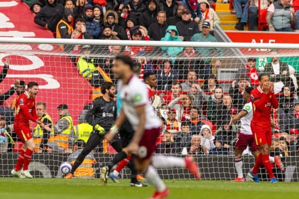 LIVERPOOL, ENGLAND - Sunday, April 13, 2025: Liverpool's Andy Robertson reacts after scoring an own-gaol during the FA Premier League match between Liverpool FC and West Ham United FC at Anfield. (Photo by David Rawcliffe/Propaganda)