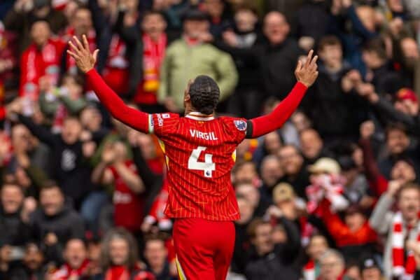 LIVERPOOL, ENGLAND - Sunday, April 13, 2025: Liverpool's captain Virgil van Dijk celebrates at the final whistle during the FA Premier League match between Liverpool FC and West Ham United FC at Anfield. (Photo by David Rawcliffe/Propaganda)