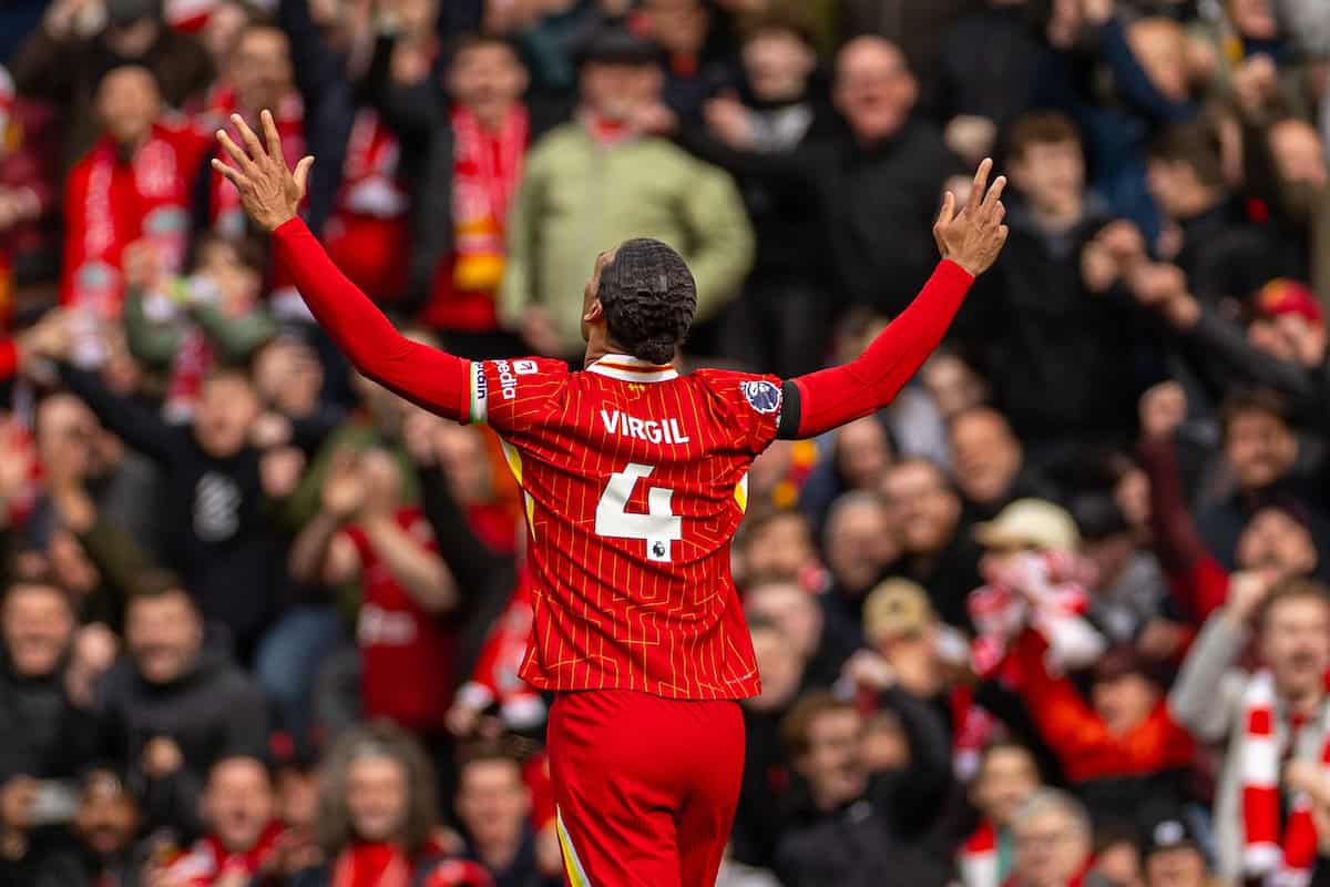 LIVERPOOL, ENGLAND - Sunday, April 13, 2025: Liverpool's captain Virgil van Dijk celebrates at the final whistle during the FA Premier League match between Liverpool FC and West Ham United FC at Anfield. (Photo by David Rawcliffe/Propaganda)