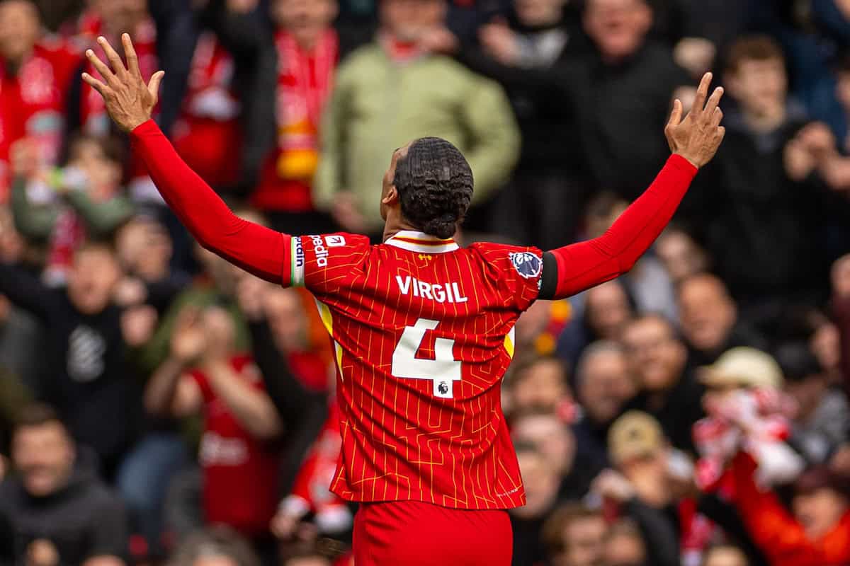 LIVERPOOL, ENGLAND - Sunday, April 13, 2025: Liverpool's captain Virgil van Dijk celebrates at the final whistle during the FA Premier League match between Liverpool FC and West Ham United FC at Anfield. (Photo by David Rawcliffe/Propaganda)