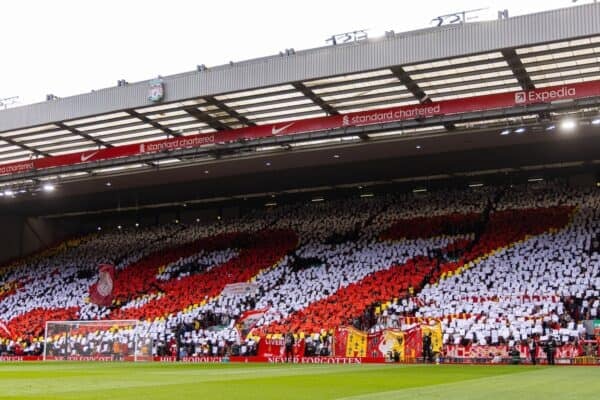 LIVERPOOL, ENGLAND - Sunday, April 13, 2025: Liverpool supporters on the Spion Kop form a mosaic "97" as they stand for a minute's silence to remember the 97 victims of the Hillsborough Stadium Disaster ahead of the 36th Anniversary before the FA Premier League match between Liverpool FC and West Ham United FC at Anfield. (Photo by David Rawcliffe/Propaganda)