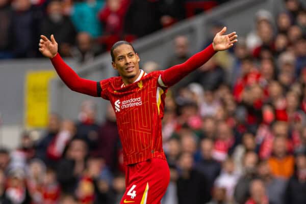 LIVERPOOL, ENGLAND - Sunday, April 13, 2025: Liverpool's captain Virgil van Dijk during the FA Premier League match between Liverpool FC and West Ham United FC at Anfield. (Photo by David Rawcliffe/Propaganda)