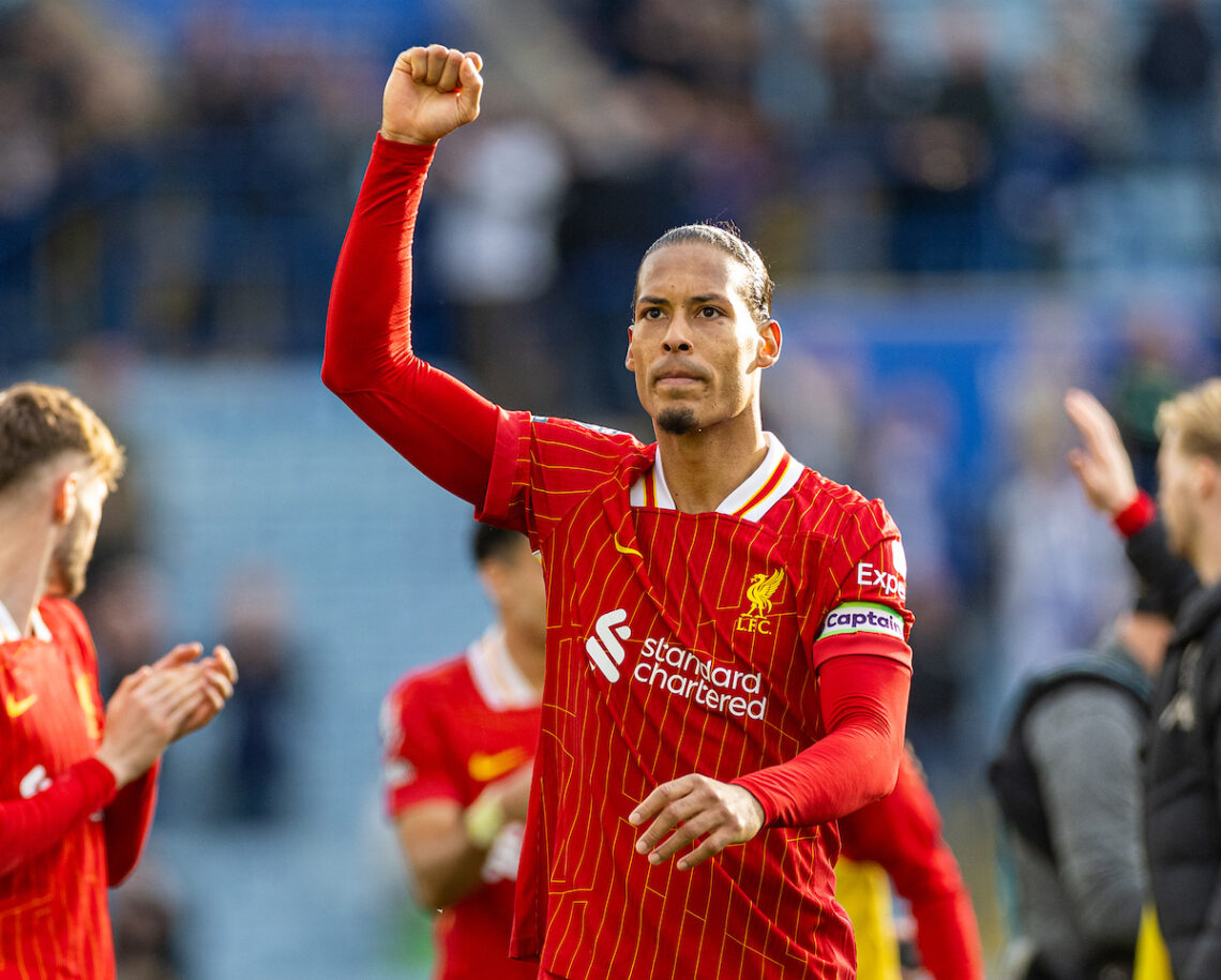 LEICESTER, ENGLAND - Sunday, April 20, 2025: Liverpool's captain Virgil van Dijk celebrates after the FA Premier League match between Leicester City FC and Liverpool FC at the King Power Stadium. Liverpool won 1-0. (Photo by David Rawcliffe/Propaganda)