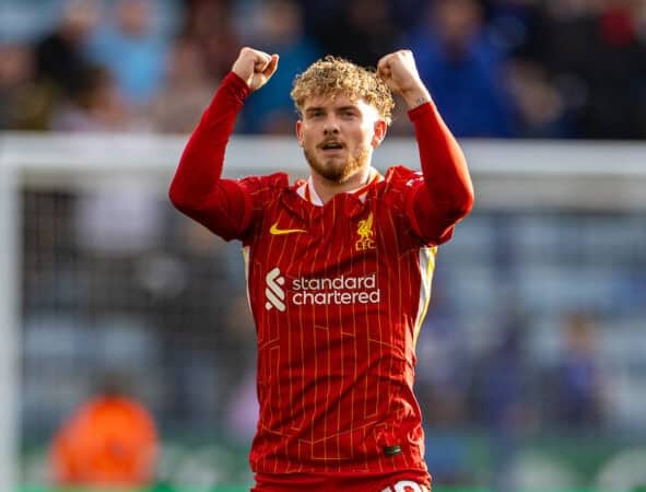 LEICESTER, ENGLAND - Sunday, April 20, 2025: Liverpool's Harvey Elliott celebrates after the FA Premier League match between Leicester City FC and Liverpool FC at the King Power Stadium. Liverpool won 1-0. (Photo by David Rawcliffe/Propaganda)
