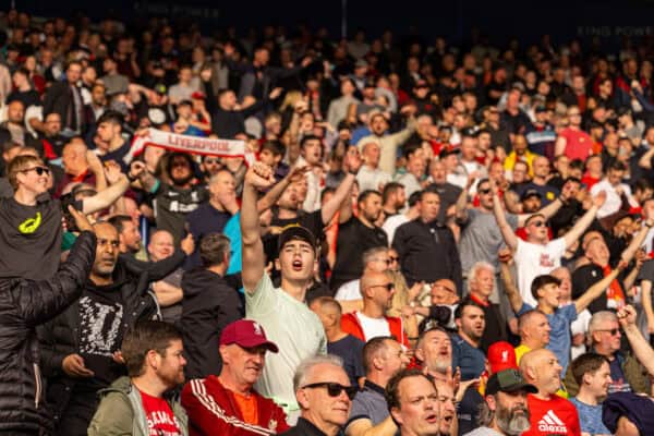 LEICESTER, ENGLAND - Sunday, April 20, 2025: Liverpool supporters celebrate after the FA Premier League match between Leicester City FC and Liverpool FC at the King Power Stadium. Liverpool won 1-0. (Photo by David Rawcliffe/Propaganda)