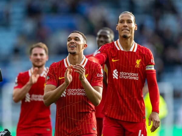 LEICESTER, ENGLAND - Sunday, April 20, 2025: Liverpool's Trent Alexander-Arnold is pushed towards the supporters by captain Virgil van Dijk after the FA Premier League match between Leicester City FC and Liverpool FC at the King Power Stadium. Liverpool won 1-0. (Photo by David Rawcliffe/Propaganda)
