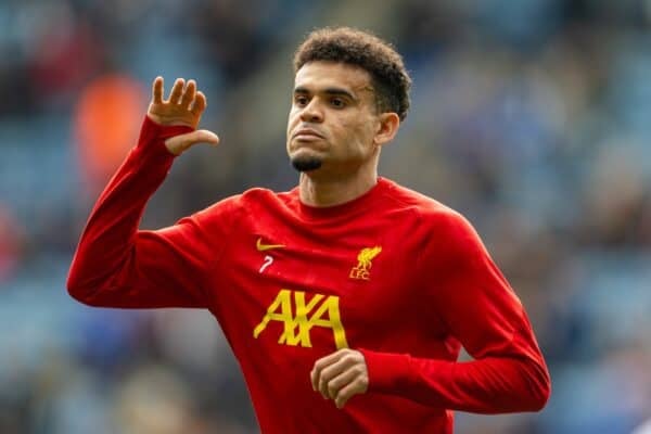 LEICESTER, ENGLAND - Sunday, April 20, 2025: Liverpool's Luis Díaz during the pre-match warm-up before the FA Premier League match between Leicester City FC and Liverpool FC at the King Power Stadium. (Photo by David Rawcliffe/Propaganda)