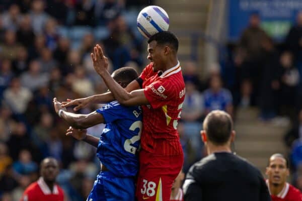 LEICESTER, ENGLAND - Sunday, April 20, 2025: Liverpool's Ryan Gravenberch during the FA Premier League match between Leicester City FC and Liverpool FC at the King Power Stadium. (Photo by David Rawcliffe/Propaganda)