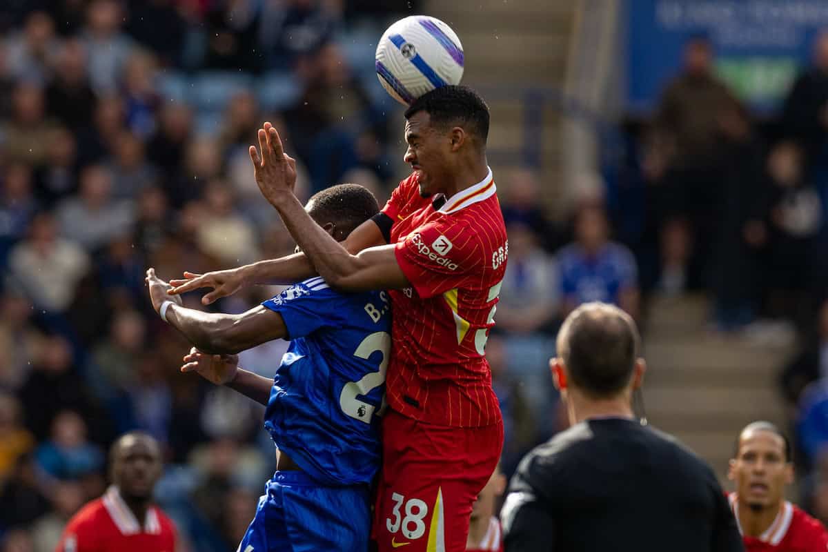 LEICESTER, ENGLAND - Sunday, April 20, 2025: Liverpool's Ryan Gravenberch during the FA Premier League match between Leicester City FC and Liverpool FC at the King Power Stadium. (Photo by David Rawcliffe/Propaganda)