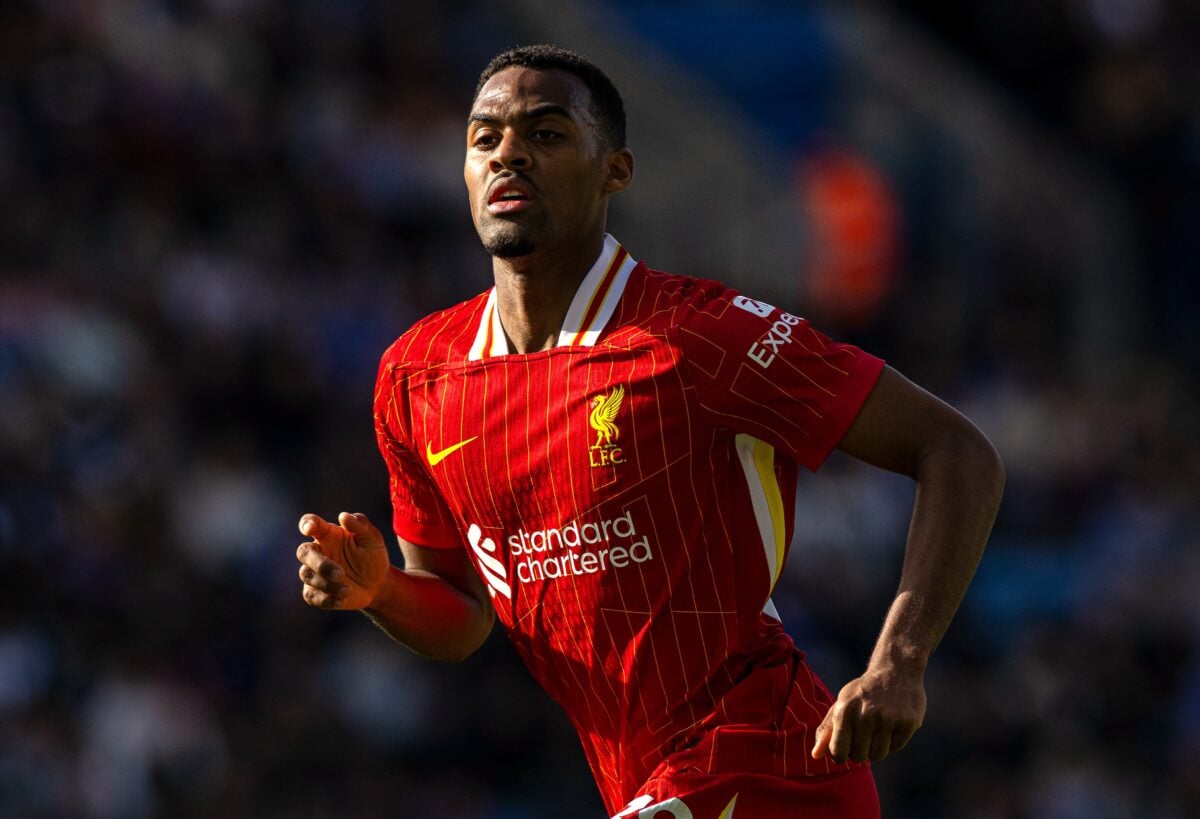 LEICESTER, ENGLAND - Sunday, April 20, 2025: Liverpool's Ryan Gravenberch during the FA Premier League match between Leicester City FC and Liverpool FC at the King Power Stadium. (Photo by David Rawcliffe/Propaganda)