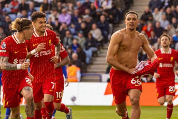 LEICESTER, ENGLAND - Sunday, April 20, 2025: Liverpool's Trent Alexander-Arnold celebrates after scoring the first goal during the FA Premier League match between Leicester City FC and Liverpool FC at the King Power Stadium. (Photo by David Rawcliffe/Propaganda)