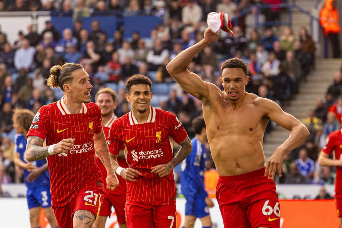 LEICESTER, ENGLAND - Sunday, April 20, 2025: Liverpool's Trent Alexander-Arnold celebrates after scoring the first goal during the FA Premier League match between Leicester City FC and Liverpool FC at the King Power Stadium. (Photo by David Rawcliffe/Propaganda)