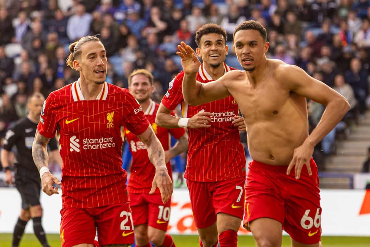 LEICESTER, ENGLAND - Sunday, April 20, 2025: Liverpool's Trent Alexander-Arnold celebrates after scoring the first goal during the FA Premier League match between Leicester City FC and Liverpool FC at the King Power Stadium. (Photo by David Rawcliffe/Propaganda)