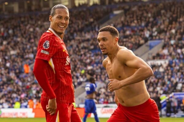 LEICESTER, ENGLAND - Sunday, April 20, 2025: Liverpool's Trent Alexander-Arnold celebrates after scoring the first goal during the FA Premier League match between Leicester City FC and Liverpool FC at the King Power Stadium. (Photo by David Rawcliffe/Propaganda)
