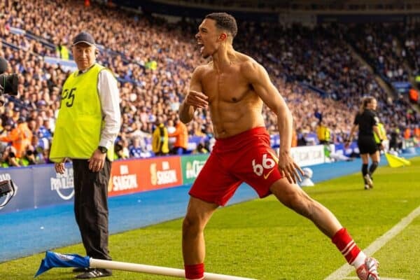 LEICESTER, ENGLAND - Sunday, April 20, 2025: Liverpool's Trent Alexander-Arnold celebrates after scoring the first goal during the FA Premier League match between Leicester City FC and Liverpool FC at the King Power Stadium. (Photo by David Rawcliffe/Propaganda)