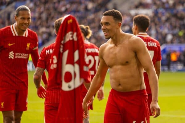 LEICESTER, ENGLAND - Sunday, April 20, 2025: Liverpool's Trent Alexander-Arnold celebrates after scoring the first goal during the FA Premier League match between Leicester City FC and Liverpool FC at the King Power Stadium. (Photo by David Rawcliffe/Propaganda)