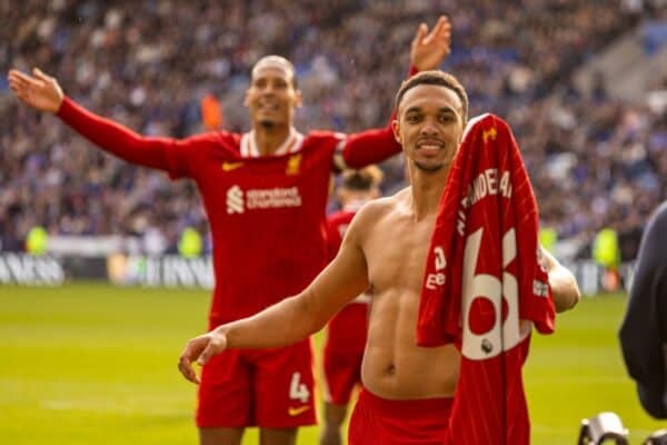 LEICESTER, ENGLAND - Sunday, April 20, 2025: Liverpool's Trent Alexander-Arnold celebrates after scoring the first goal during the FA Premier League match between Leicester City FC and Liverpool FC at the King Power Stadium. (Photo by David Rawcliffe/Propaganda)