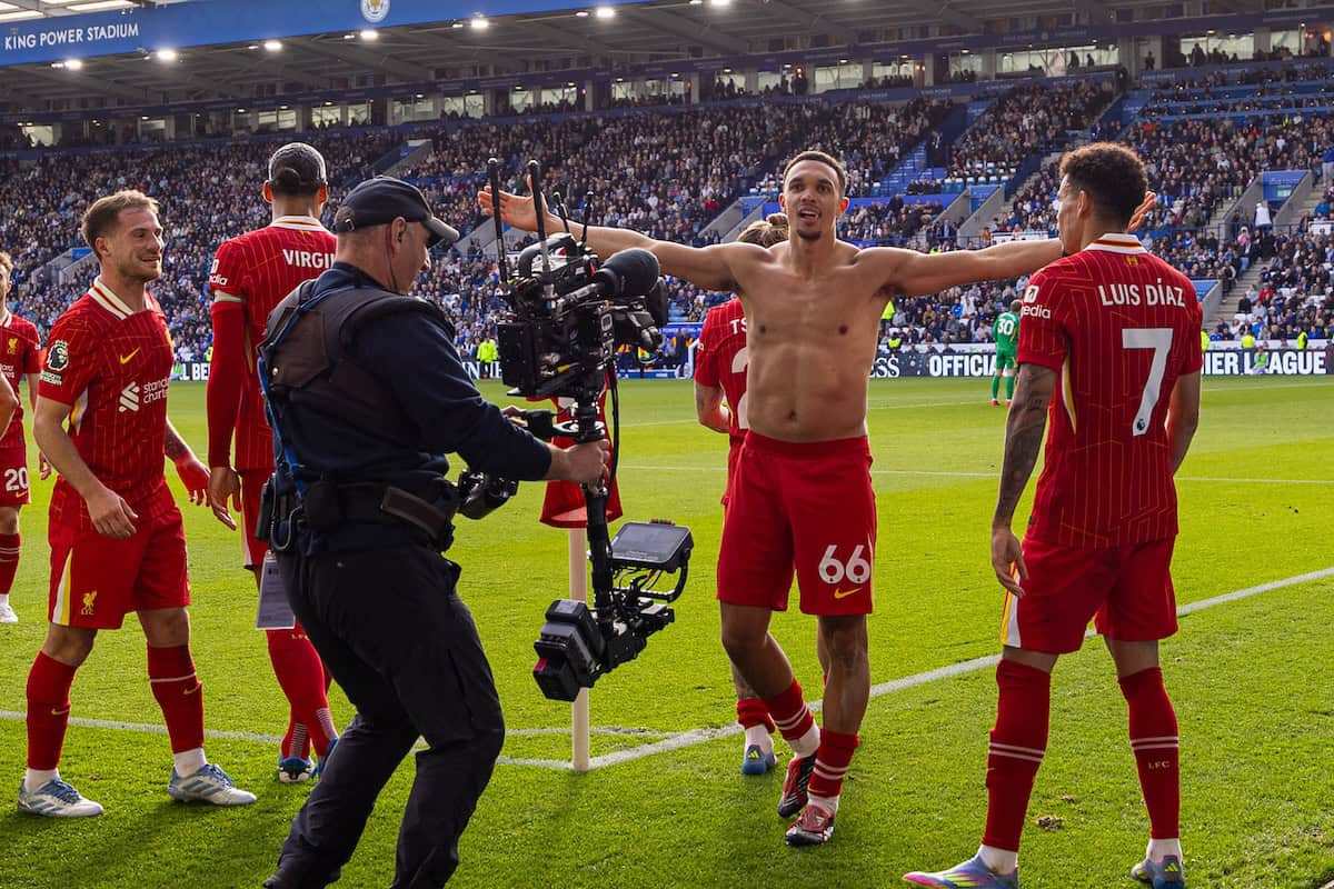 LEICESTER, ENGLAND - Sunday, April 20, 2025: Liverpool's Trent Alexander-Arnold celebrates after scoring the first goal during the FA Premier League match between Leicester City FC and Liverpool FC at the King Power Stadium. (Photo by David Rawcliffe/Propaganda)