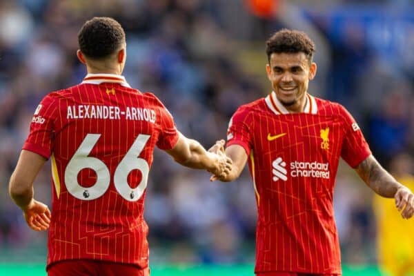 LEICESTER, ENGLAND - Sunday, April 20, 2025: Liverpool's Trent Alexander-Arnold (L) celebrates with team-mate Luis Díaz after scoring the first goal during the FA Premier League match between Leicester City FC and Liverpool FC at the King Power Stadium. (Photo by David Rawcliffe/Propaganda)