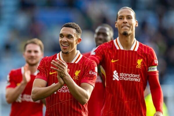 LEICESTER, ENGLAND - Sunday, April 20, 2025: Liverpool's Trent Alexander-Arnold match-winning goal-scorer celebrates after the FA Premier League match between Leicester City FC and Liverpool FC at the King Power Stadium. Liverpool won 1-0.(Photo by David Rawcliffe/Propaganda)