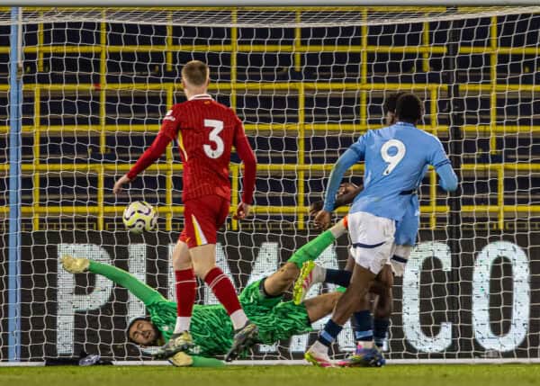 MANCHESTER, ENGLAND - Friday, April 25, 2025: Liverpool's goalkeeper Harvey Davies is beaten as Manchester City's Divin Mubama scores his side's second goal in extra-time during the Premier League 2 Play-Off Round of 16 match between Manchester City FC Under-21's and Liverpool FC Under-21's at the Joie Stadium. (Photo by David Rawcliffe/Propaganda)
