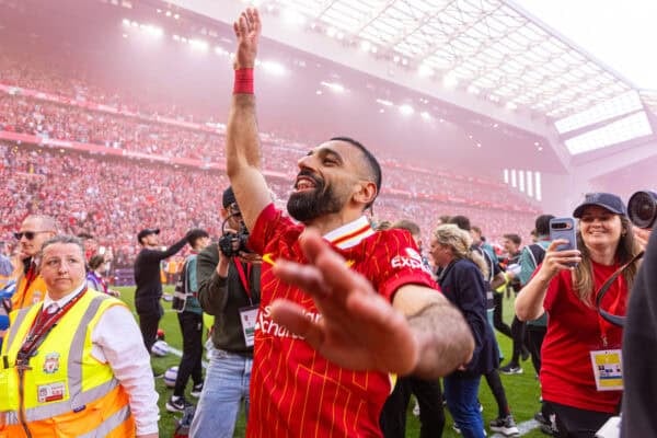 LIVERPOOL, ENGLAND - Sunday, April 27, 2025: Liverpool's Mohamed Salah celebrates after winning the League Title after the FA Premier League match between Liverpool FC and Tottenham Hotspur FC at Anfield. Liverpool won 5-1. (Photo by David Rawcliffe/Propaganda)