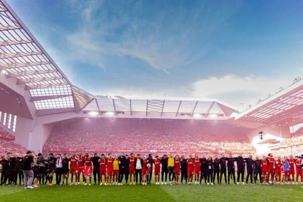 LIVERPOOL, ENGLAND - Sunday, April 27, 2025: Liverpool players celebrate after winning the League Title after the FA Premier League match between Liverpool FC and Tottenham Hotspur FC at Anfield. Liverpool won 5-1. (Photo by David Rawcliffe/Propaganda)