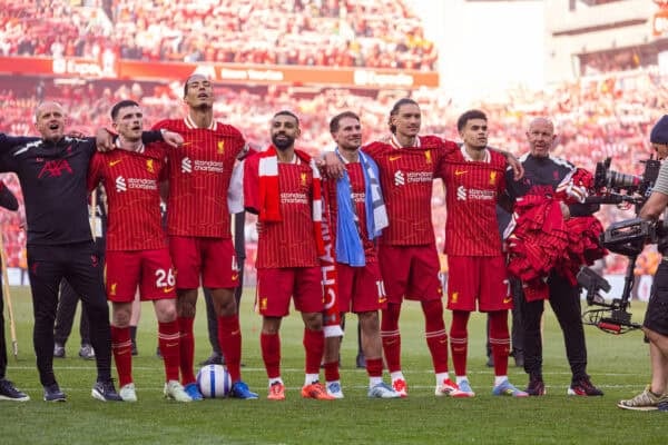 LIVERPOOL, ENGLAND - Sunday, April 27, 2025: Liverpool's (L-R) Andy Robertson, Virgil van Dijk, Mohamed Salah, Alexis Mac Allister, Darwin Núñez, Luis Díaz celebrate after winning the League Title after the FA Premier League match between Liverpool FC and Tottenham Hotspur FC at Anfield. Liverpool won 5-1. (Photo by David Rawcliffe/Propaganda)