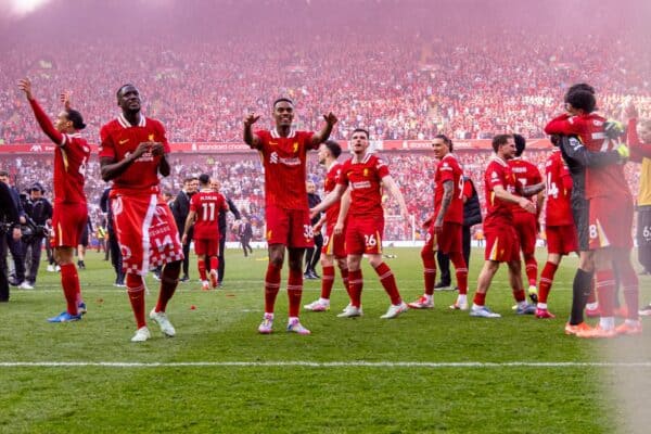 LIVERPOOL, ENGLAND - Sunday, April 27, 2025: Liverpool's Ibrahima Konaté and Ryan Gravenberch celebrate after winning the League Title after the FA Premier League match between Liverpool FC and Tottenham Hotspur FC at Anfield. Liverpool won 5-1. (Photo by David Rawcliffe/Propaganda)