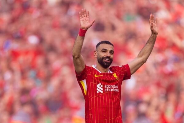 LIVERPOOL, ENGLAND - Sunday, April 27, 2025: Liverpool's Mohamed Salah celebrates after winning the League Title after the FA Premier League match between Liverpool FC and Tottenham Hotspur FC at Anfield. Liverpool won 5-1. (Photo by David Rawcliffe/Propaganda)