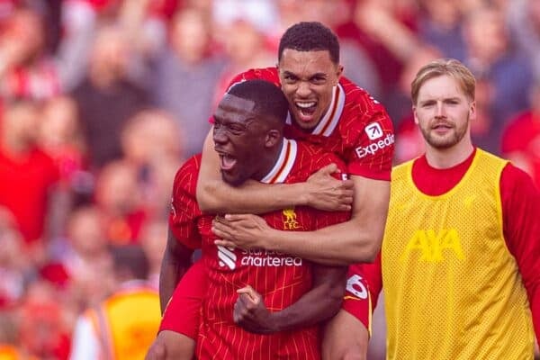 LIVERPOOL, ENGLAND - Sunday, April 27, 2025: Liverpool's Ibrahima Konaté (L) and Trent Alexander-Arnold celebrate after winning the League Title after the FA Premier League match between Liverpool FC and Tottenham Hotspur FC at Anfield. Liverpool won 5-1. (Photo by David Rawcliffe/Propaganda)