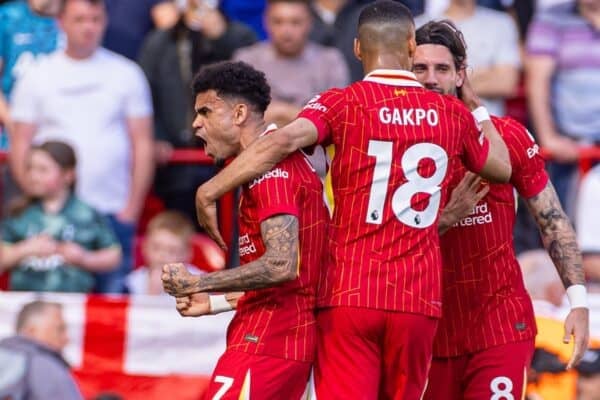LIVERPOOL, ENGLAND - Sunday, April 27, 2025: Liverpool's Luis Díaz (L) celebrates after scoring his first goal, to level the score at 1-1, during the FA Premier League match between Liverpool FC and Tottenham Hotspur FC at Anfield. (Photo by David Rawcliffe/Propaganda)