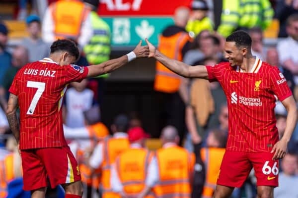 LIVERPOOL, ENGLAND - Sunday, April 27, 2025: Liverpool's Luis Díaz (L) celebrates with team-mate Trent Alexander-Arnold after scoring his first goal, to level the score at 1-1, during the FA Premier League match between Liverpool FC and Tottenham Hotspur FC at Anfield. (Photo by David Rawcliffe/Propaganda)