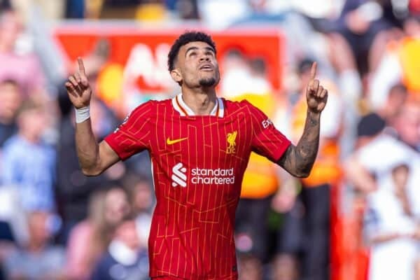 LIVERPOOL, ENGLAND - Sunday, April 27, 2025: Liverpool's Luis Díaz celebrates after scoring his first goal, to level the score at 1-1, during the FA Premier League match between Liverpool FC and Tottenham Hotspur FC at Anfield. (Photo by David Rawcliffe/Propaganda)