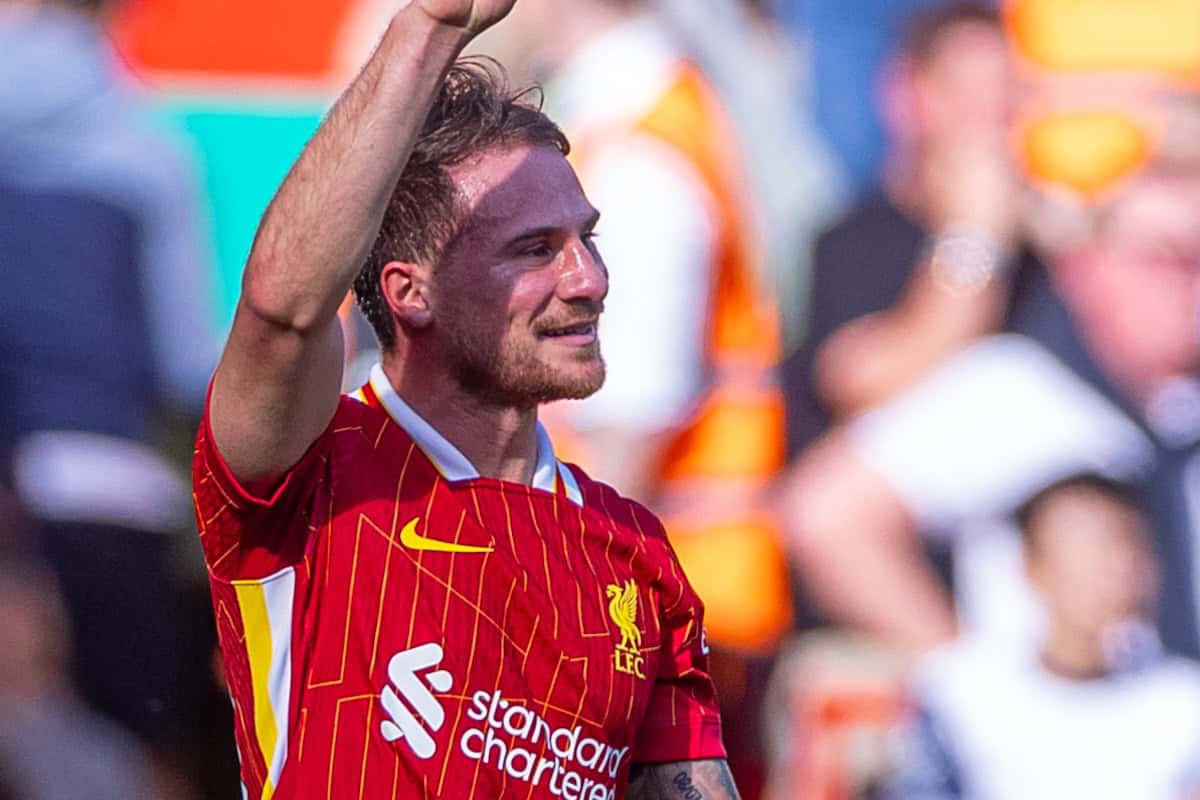 LIVERPOOL, ENGLAND - Sunday, April 27, 2025: Liverpool's Alexis Mac Allister celebrates after scoring the second goal during the FA Premier League match between Liverpool FC and Tottenham Hotspur FC at Anfield. (Photo by David Rawcliffe/Propaganda)