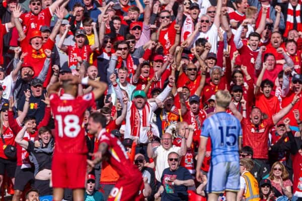 LIVERPOOL, ENGLAND - Sunday, April 27, 2025: Liverpool supporters react to their side's second goal during the FA Premier League match between Liverpool FC and Tottenham Hotspur FC at Anfield. (Photo by David Rawcliffe/Propaganda)