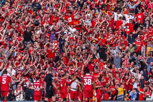 LIVERPOOL, ENGLAND - Sunday, April 27, 2025: Liverpool supporters celebrate as Cody Gakpo scores his side's third goal during the FA Premier League match between Liverpool FC and Tottenham Hotspur FC at Anfield. (Photo by David Rawcliffe/Propaganda)