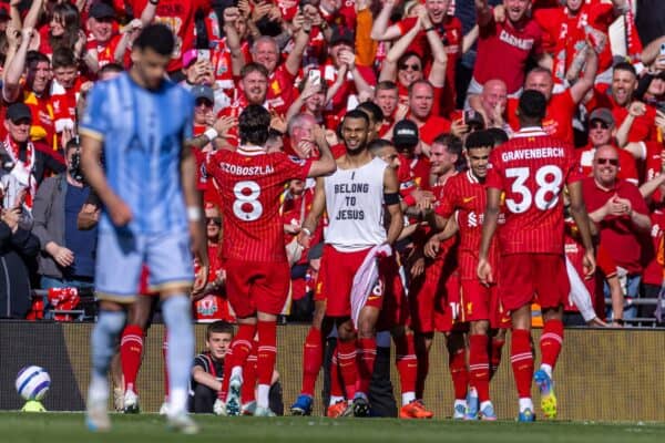 LIVERPOOL, ENGLAND - Sunday, April 27, 2025: Liverpool's Cody Gakpo celebrates scoring his side's third goal, by taking his shirt off to reveal a message "I Belong To Jesus" during the FA Premier League match between Liverpool FC and Tottenham Hotspur FC at Anfield. (Photo by David Rawcliffe/Propaganda)
