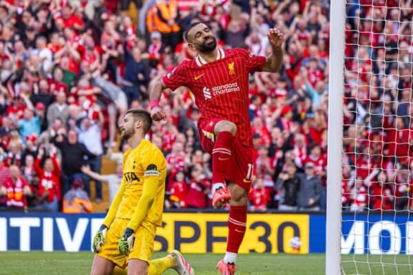 LIVERPOOL, ENGLAND - Sunday, April 27, 2025: Liverpool's Mohamed Salah celebrates after scoring his side's fourth goal during the FA Premier League match between Liverpool FC and Tottenham Hotspur FC at Anfield. (Photo by David Rawcliffe/Propaganda)