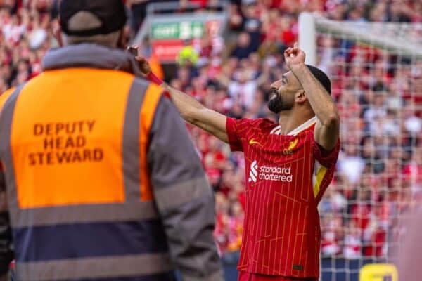 LIVERPOOL, ENGLAND - Sunday, April 27, 2025: Liverpool's Mohamed Salah celebrates after scoring his side's fourth goal during the FA Premier League match between Liverpool FC and Tottenham Hotspur FC at Anfield. (Photo by David Rawcliffe/Propaganda)