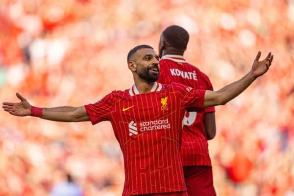 LIVERPOOL, ENGLAND - Sunday, April 27, 2025: Liverpool's Mohamed Salah celebrates after scoring his side's fourth goal during the FA Premier League match between Liverpool FC and Tottenham Hotspur FC at Anfield. (Photo by David Rawcliffe/Propaganda)