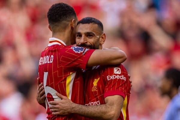 LIVERPOOL, ENGLAND - Sunday, April 27, 2025: Liverpool's Mohamed Salah (R) celebrates with team-mate Trent Alexander-Arnold after scoring his side's fifth goal during the FA Premier League match between Liverpool FC and Tottenham Hotspur FC at Anfield. (Photo by David Rawcliffe/Propaganda)