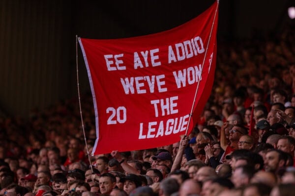 LIVERPOOL, ENGLAND - Sunday, April 27, 2025: Liverpool supporters' banner "Ee Aye Addio We've Won The League" during the FA Premier League match between Liverpool FC and Tottenham Hotspur FC at Anfield. (Photo by David Rawcliffe/Propaganda)