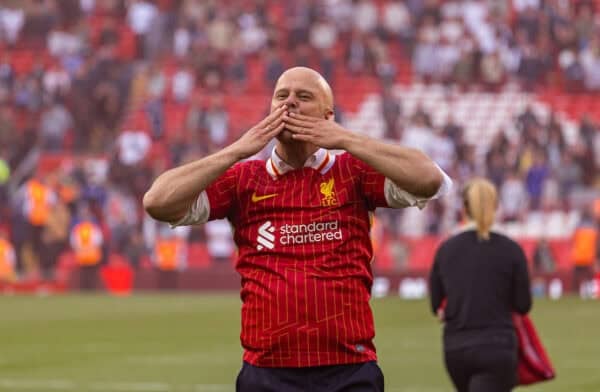 LIVERPOOL, ENGLAND - Sunday, April 27, 2025: Liverpool's head coach Arne Slot celebrates winning the League Title after the FA Premier League match between Liverpool FC and Tottenham Hotspur FC at Anfield. Liverpool won 5-1. (Photo by David Rawcliffe/Propaganda)