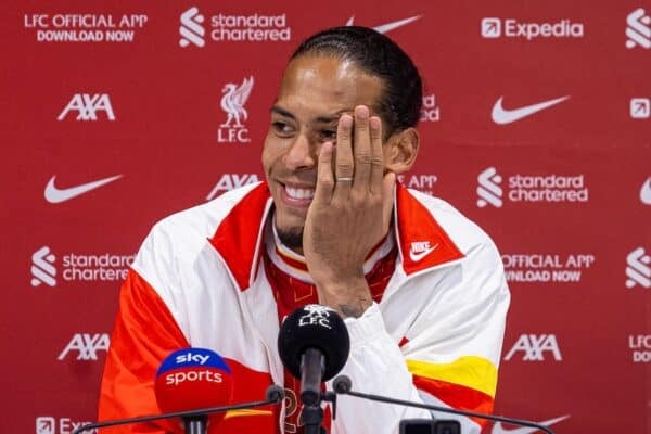 LIVERPOOL, ENGLAND - Sunday, April 27, 2025: Liverpool's captain Virgil van Dijk speaks to the media after winning the League Title after the FA Premier League match between Liverpool FC and Tottenham Hotspur FC at Anfield. Liverpool won 5-1. (Photo by David Rawcliffe/Propaganda)