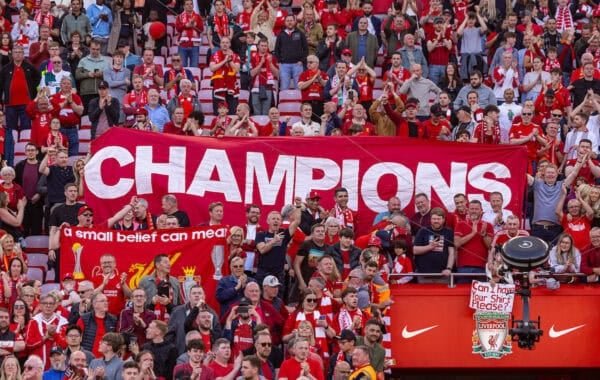 LIVERPOOL, ENGLAND - Sunday, April 27, 2025: Liverpool supporters celebrate after winning the League Title after the FA Premier League match between Liverpool FC and Tottenham Hotspur FC at Anfield. Liverpool won 5-1. (Photo by David Rawcliffe/Propaganda)